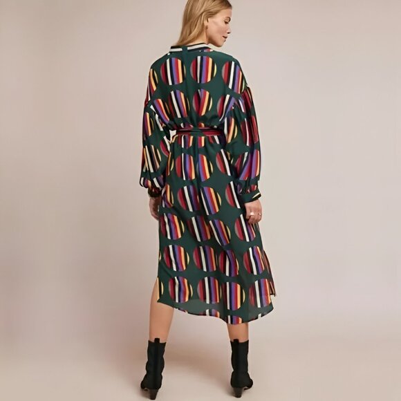 Anthropologie WHIT Etta Silk Dress Geometric Multicolor Silk Midi Small #BAG3 - Picture 4 of 8
